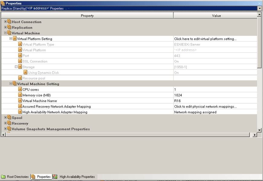 Example of cloud properties specified in the Switchover properties dialog