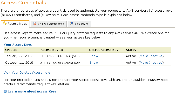 Illustration of the AWS Access Credentials Screen to get your access key ID and secret key pair