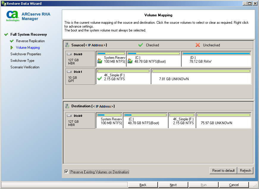 Restore Data Wizard - Volume Mapping screen.