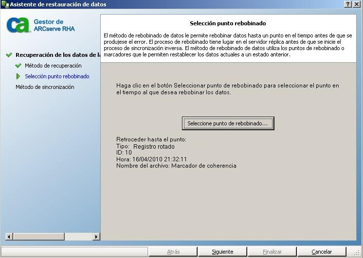 Pantalla Seleccione un punto de rebobinado