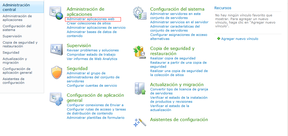 Administración central que muestra la Gestión de aplicaciones Web resaltadas
