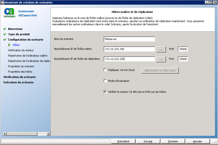 Dans la fenêtre Hôtes maître et de réplication, indiquez les serveurs d'un scénario