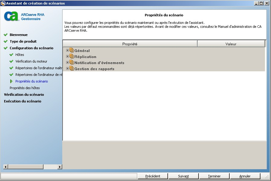 Les propriétés du scénario sont affichées.