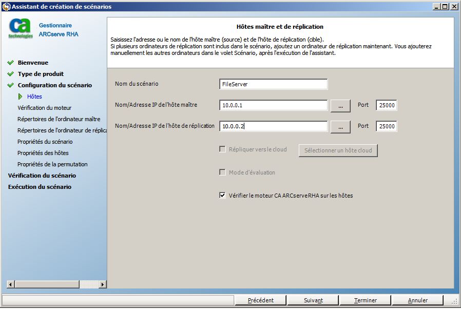 spécification des hôtes maître et de réplication