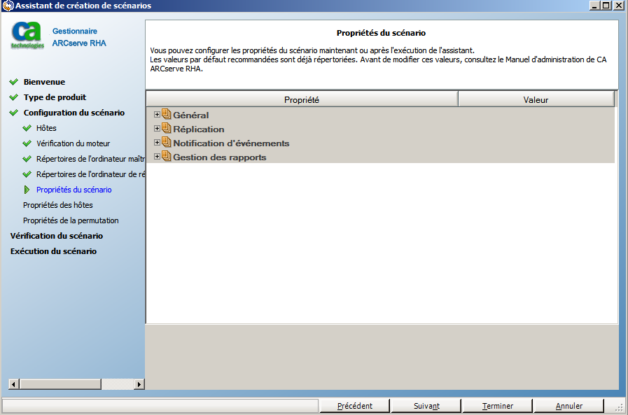 La fenêtre Propriétés du scénario s'ouvre.