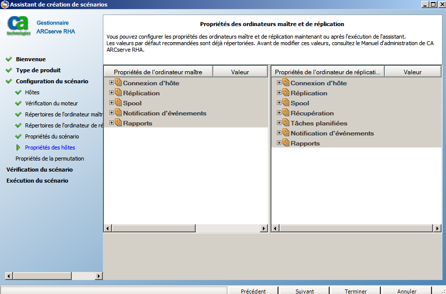 Les propriétés des hôtes maître et de réplication s'appliquent uniquement aux serveurs hôtes.
