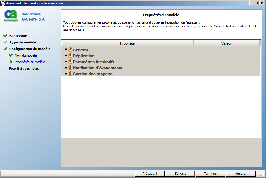 Définissez les propriétés du modèle, en procédant comme s'il s'agissait d'un scénario.