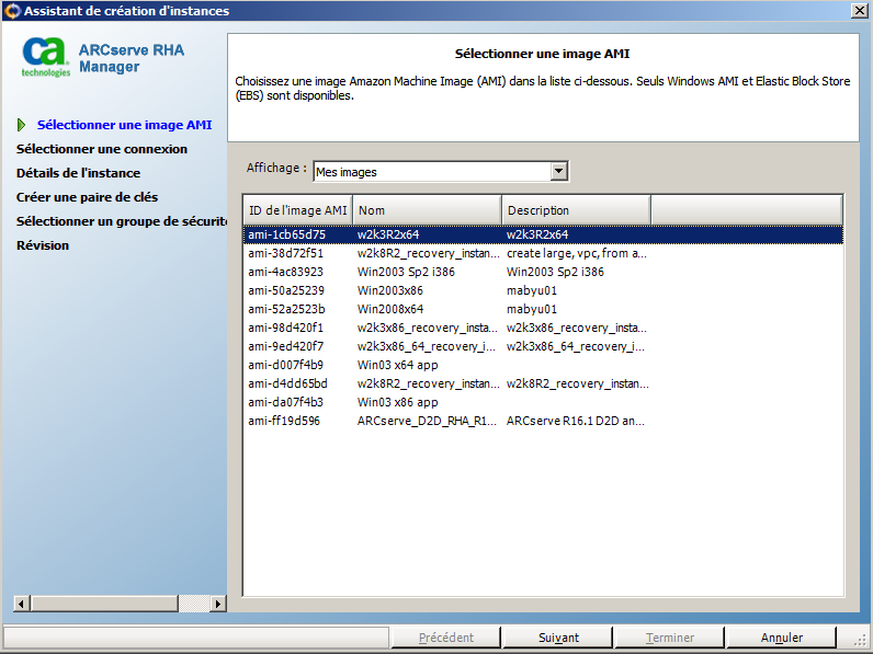 Sélection d'une image AMI dans l'assistant de création d'instances