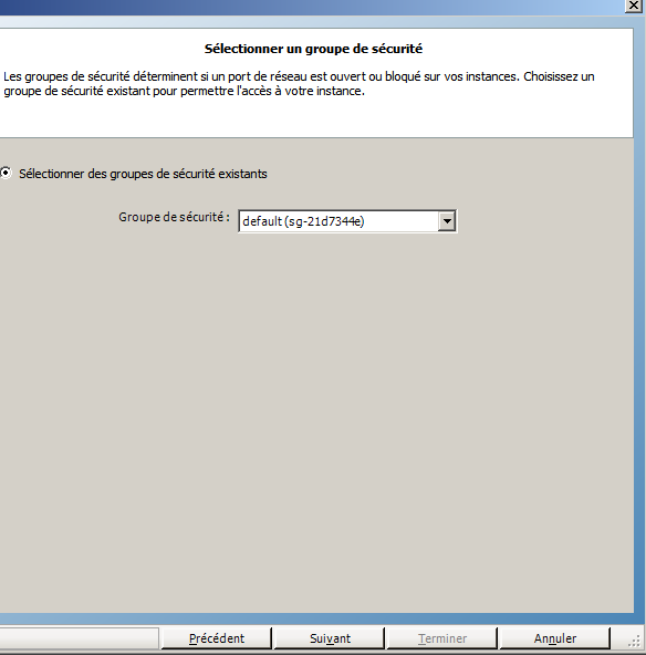 Groupe de sécurité dans l'assistant de création d'instance