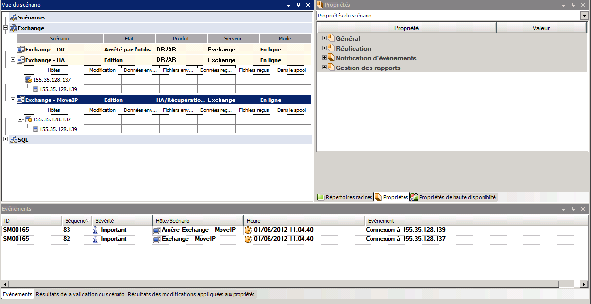 Onglet Propriétés pour l'exécution du scénario Exchange