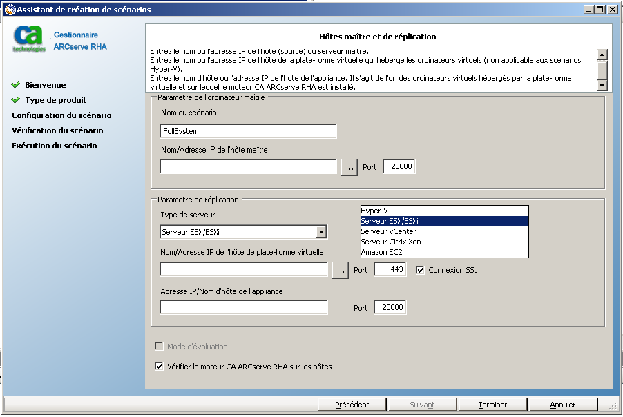 Sélection d'un serveur de type ESX