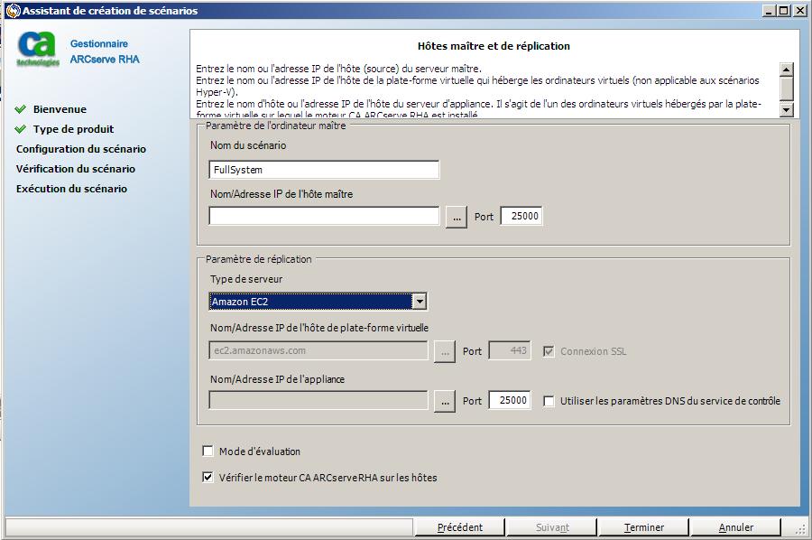 Sélection des hôtes maître et de réplication de l'assistant de création de scénarios