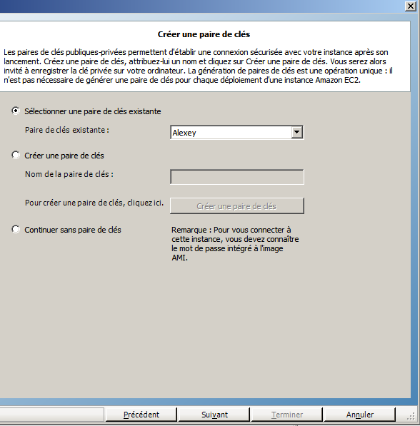 Création ou sélection d'une paire de clés existante pour la connexion sécurisée à l'instance