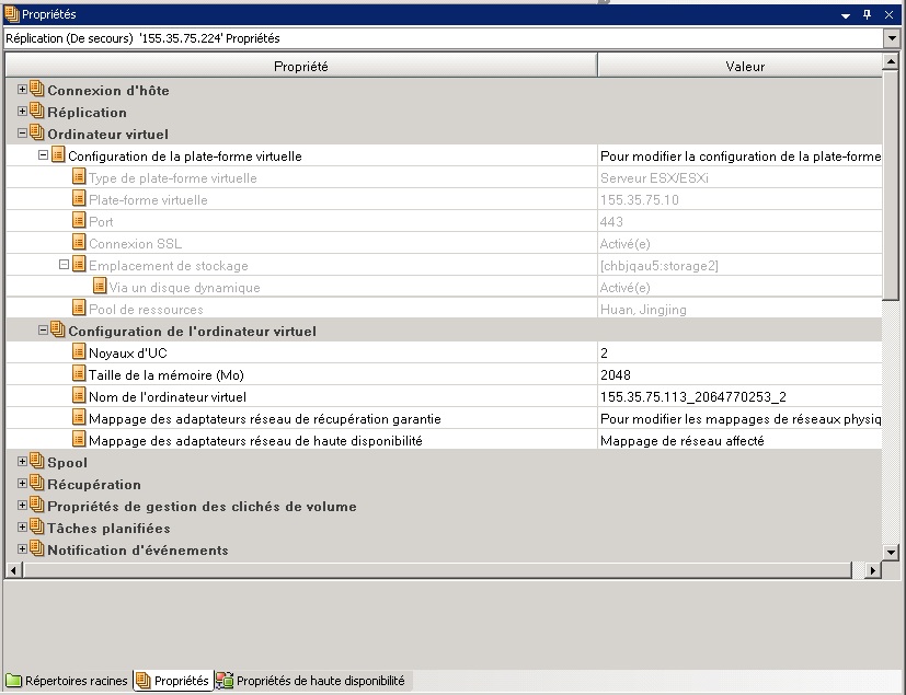Exemple de propriétés cloud spécifiées dans la boîte de dialogue Propriétés de la permutation.