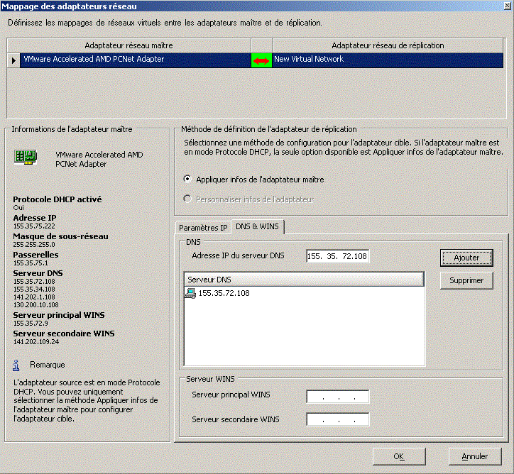 Spécifiez des adaptateurs réseau maître et de réplication.