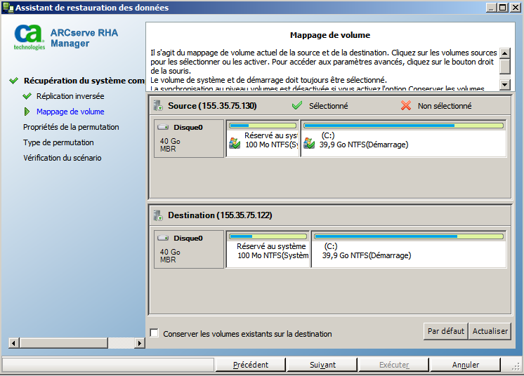 Assistant de restauration des données - Fenêtre Mappage de volume