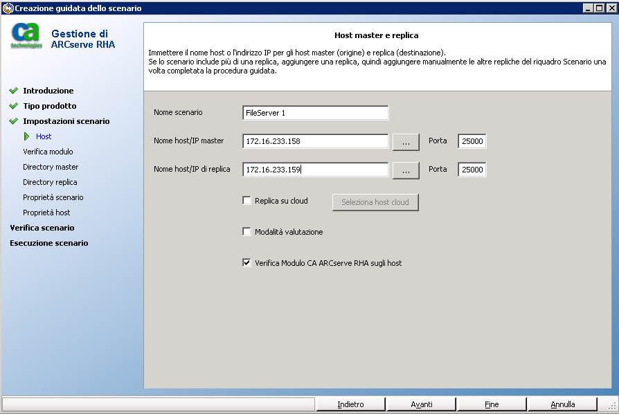 Specificare i server di uno scenario nella schermata Host master e replica