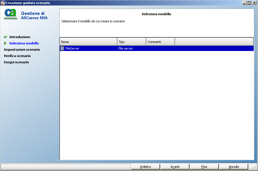 Selezionare il modello su cui basare lo scenario