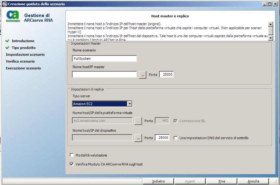 Selezione degli host master e replica della Creazione guidata dello scenario
