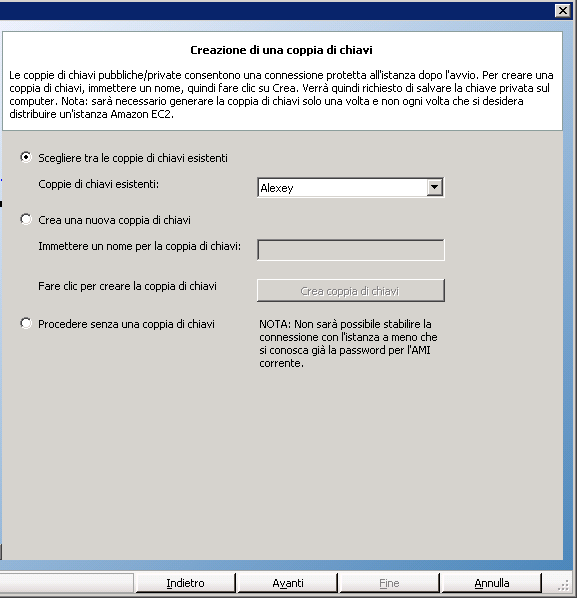 Selezione di una coppia di chiavi esistente o creazione di una nuova coppia di chiavi per la connessione protetta all'istanza