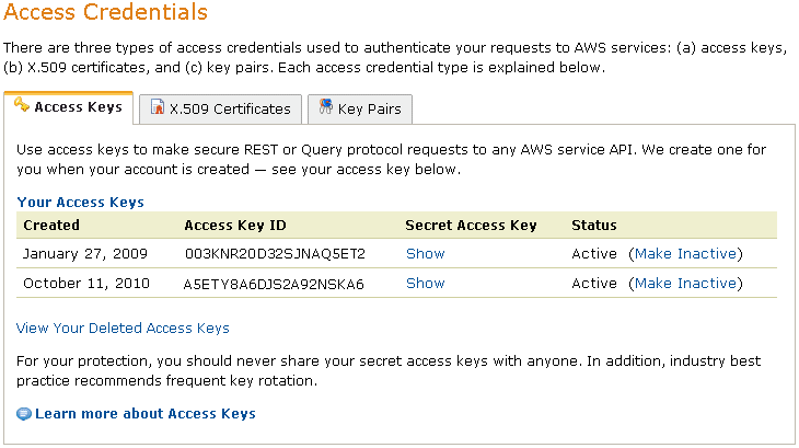 AWS アクセス認証情報画面で、アクセス キー ID と秘密キーのペアを取得します