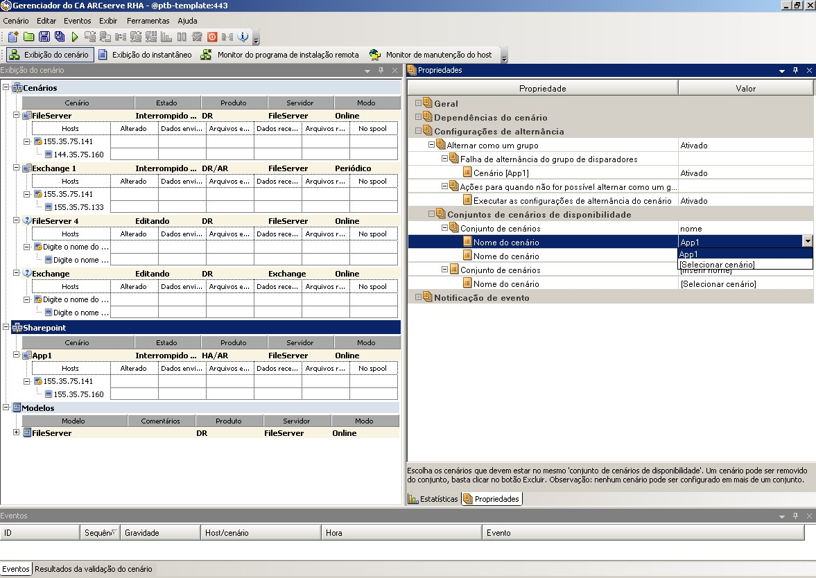 Digite o conjunto de cenários e escolha o cenário que será o acionador do grupo inteiro