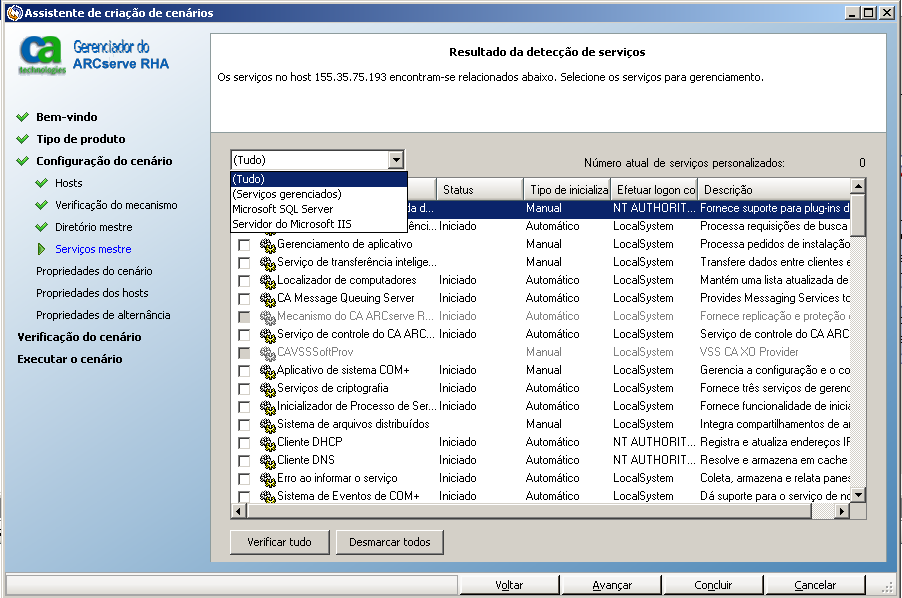 A tela Resultado da detecção de serviços que mostra os filtros instalados