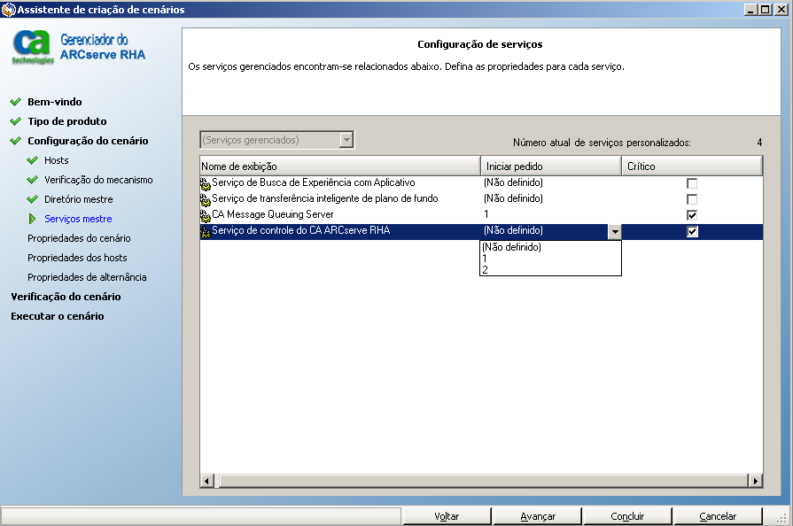 A tela Configuração de serviços que mostra a ordem de início