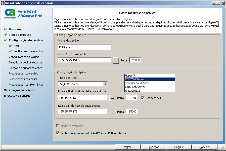 Tipo de servidor que mostra o ESX selecionado