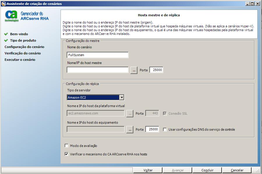 o assistente de criação de cenário seleciona os hosts mestre e de réplica