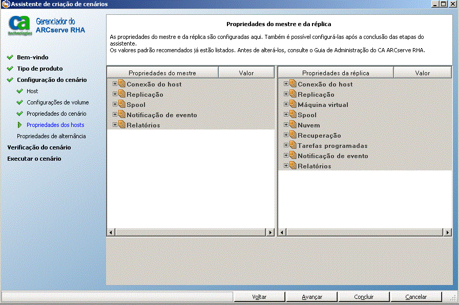 especificar as propriedades do mestre e da réplica no assistente de criação de cenários