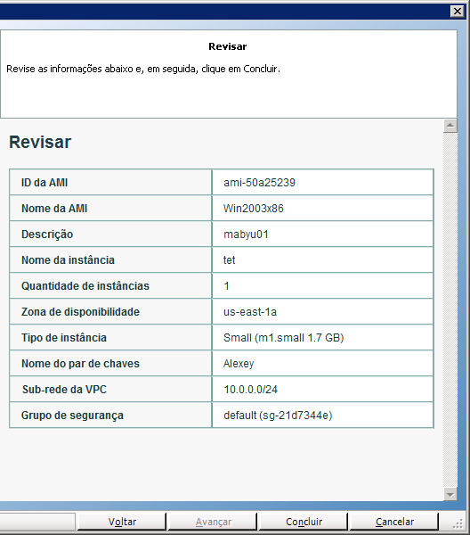 revisar as seleções no assistente para criação de instância