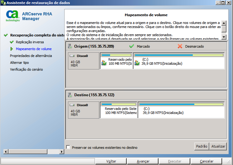 Assistente de restauração de dados - tela Mapeamento de volume.