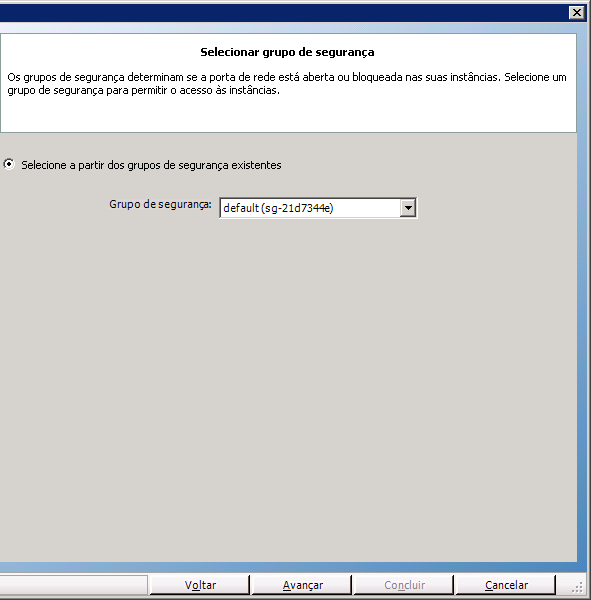 Grupo de segurança no assistente para criação de instância