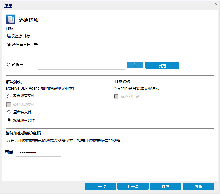 该图显示了“还原选项”对话框中的可用选项