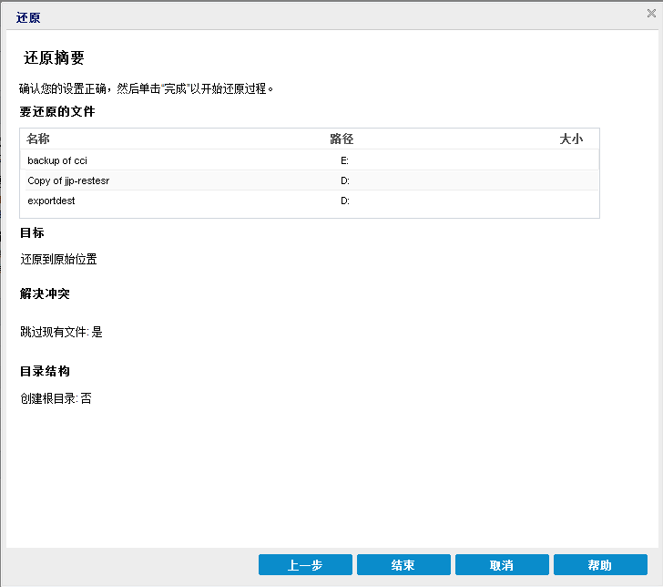 该图显示了“还原摘要”对话框中的可用选项