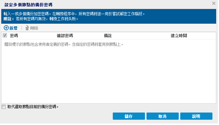 設定多個節點的備份密碼對話方塊