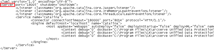 Datei "Server.xml". Das <Server>-Feld wird hervorgehoben.