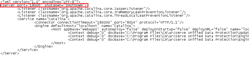 Datei "Server.xml". Das zu ändernde Feld wird hervorgehoben.