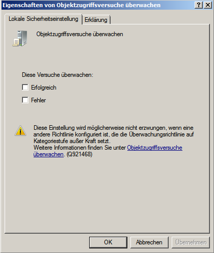 Dialogfeld der Eigenschaften von "Objektzugriffsversuche überwachen"