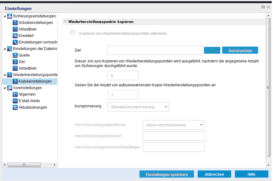 Dieses Bild zeigt die Optionen an, die verfügbar sind, um die Einstellungen für das Kopieren von Wiederherstellungspunkten zu konfigurieren.