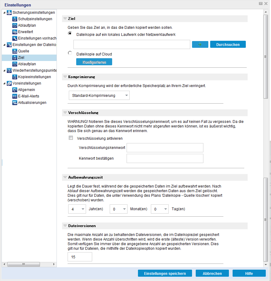 Dialogfeld "Einstellungen der Dateikopie - Ziel"
