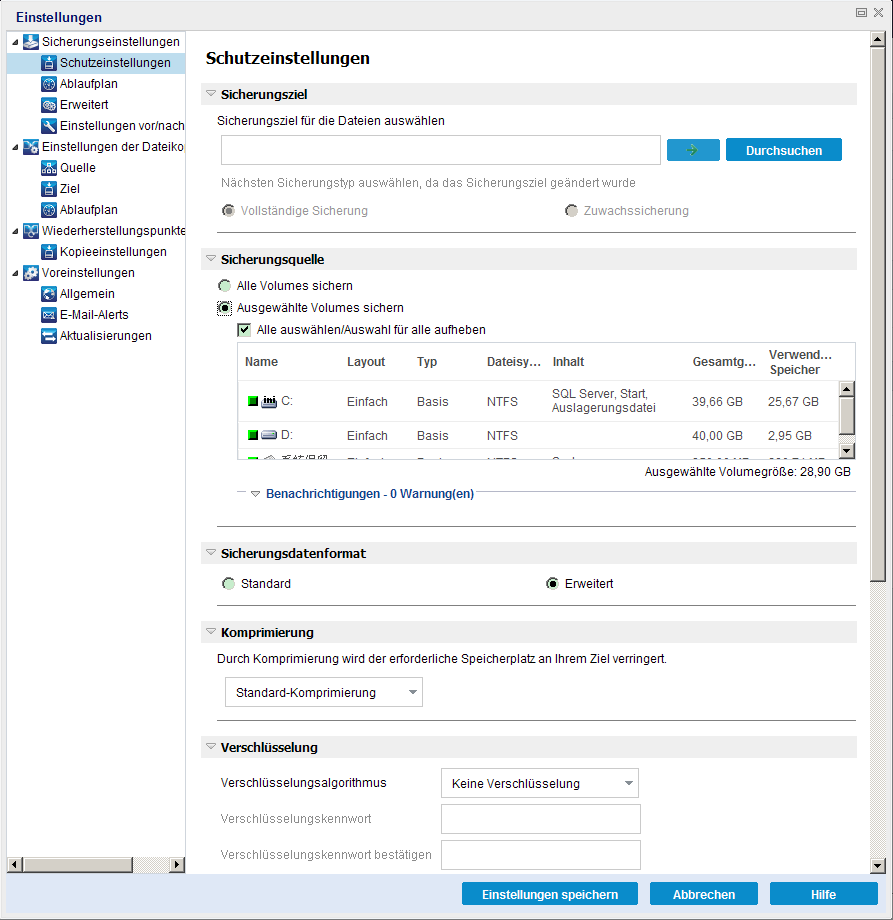 Jetzt sichern - Schutzeinstellungen