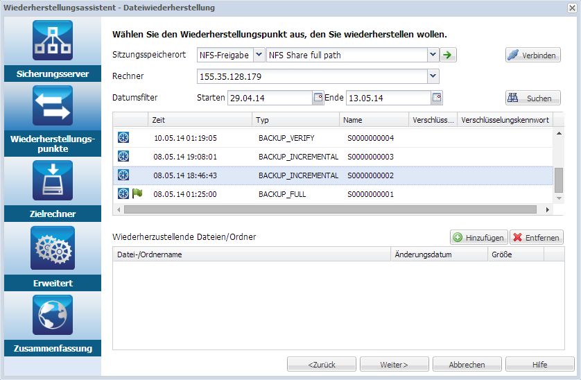 Option "Wiederherstellungspunkte" bei Wiederherstellung auf Dateiebene für Linux