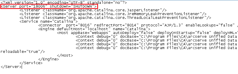 Server.xml file. The field to modify is highlighted.