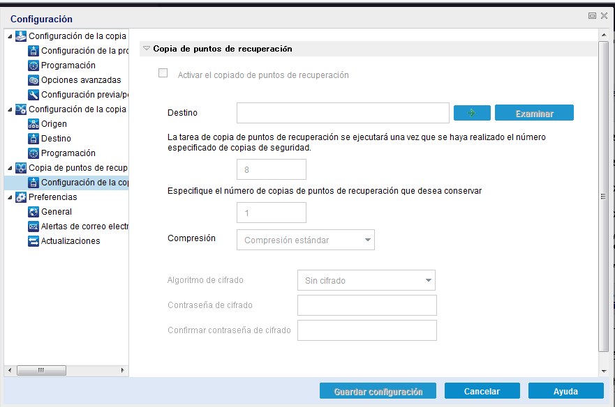 Esta imagen muestra las opciones disponibles para configurar los valores de configuración de la copia del punto de recuperación