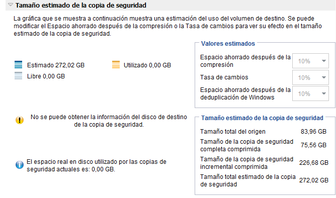 Cálculo de espacio de copia de seguridad