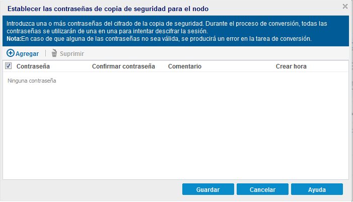 Cuadro de diálogo Establecer las contraseñas de copia de seguridad para el nodo