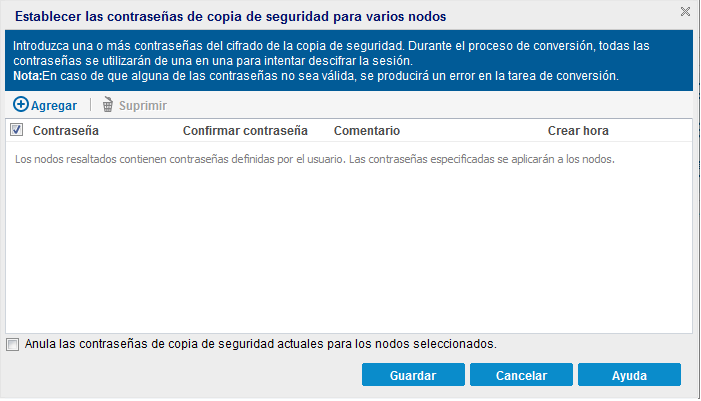 Cuadro de diálogo Establecer las contraseñas de copia de seguridad para varios nodos