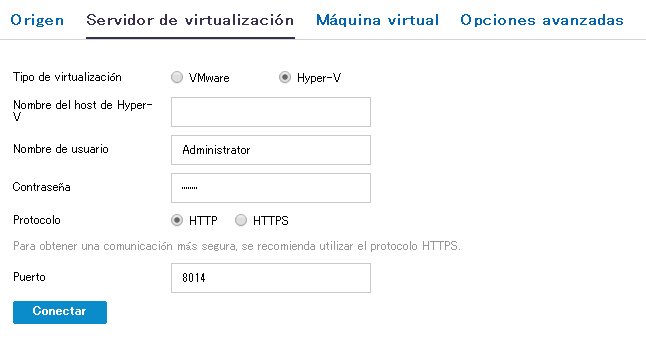 Detalles del servidor de virtualización para Hyper-V